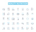 Beauty nutrition linear icons set. Collagen, Antioxidants, Hydration, Supple, Radiant, Nourishment, Vitamins line vector