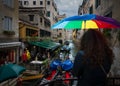 The beauty of the old city of Venice. View of the channels. Italian romance. Rain in Venice