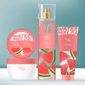 Vector Beauty Packaging Bundle with Cosmetic Tube, Fragrance Spray and Jar. Watermelon Beauty Theme