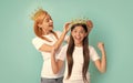 Beauty pageant winner. Beauty queen and happy winner. Woman crown girl child. Euphoria of victory Royalty Free Stock Photo