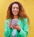 Beauty, phone and black woman isolated on yellow background for online search, makeup blog or fashion color tips. Young