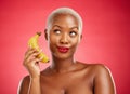 Beauty, phone call and woman with a banana or acting angry, pretending and fake conversation on red background. Playful