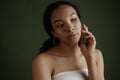 Beauty photo of young elegant African American woman with afro. Hands poses. Gentle portrait. Fashion beauty close up portrait. N