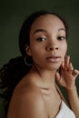 Beauty photo of young elegant African American woman with afro. Hands poses. Gentle portrait. Fashion beauty close up portrait. N