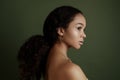 Beauty photo of young elegant African American woman with afro. Hands poses. Gentle portrait. Fashion beauty close up portrait. N