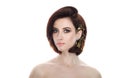 Beauty portrait of adult adorable fresh looking brunette woman with gorgeous makeup diy headpiece bob hairdo posing against isolat Royalty Free Stock Photo