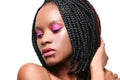 Beauty portrait of an african american girl closed eyes. pink visage make-up. white background. isolate Royalty Free Stock Photo