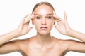 Beauty Portrait. Beautiful spa woman touching her face. Perfect fresh skin. Pure beauty model Royalty Free Stock Photo