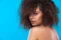 Beauty portrait of girl with afro hairstyle. Girl posing on blue background. Studio shot. Copy Space. Royalty Free Stock Photo