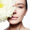 Beauty Portrait of girl with Big peony flower Royalty Free Stock Photo