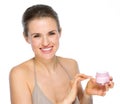 Beauty portrait of happy woman applying creme Royalty Free Stock Photo