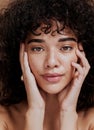 Beauty, portrait and natural face of black woman with healthy freckle skin texture touch. Aesthetic, facial and skincare Royalty Free Stock Photo