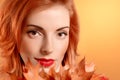 Beauty portrait redhead woman, autumn leafs,people Royalty Free Stock Photo
