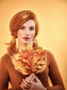 Beauty portrait redhead woman, autumn leafs,people