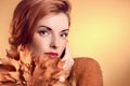 Beauty portrait redhead woman, autumn leafs,people Royalty Free Stock Photo