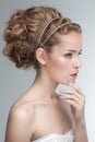 Beauty portrait of sensual young caucasian model with natural curly hair pinned. Royalty Free Stock Photo