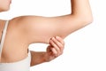 Beauty Portrait Woman pinching Arm Fat Flabby Skin, Hand and Body Care. smooth skin