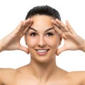 Beauty portrait of woman stretching facial skin with hands Royalty Free Stock Photo