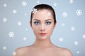 Beauty portrait of young beautiful woman over snowy Royalty Free Stock Photo