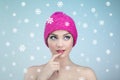 Beauty portrait of young beautiful woman over snowy Royalty Free Stock Photo