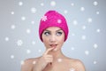 Beauty portrait of young beautiful woman over snowy Royalty Free Stock Photo