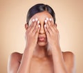 Beauty, pout and woman covering eyes for skincare, self care and cosmetic facial in brown studio background