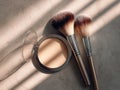 Beauty powder and makeup brushes arranged on a light-colored surface with soft shadowing Royalty Free Stock Photo