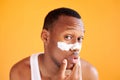 Beauty procedure and skin care, young manful man with face mask on around nose zone