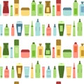 Beauty products colorful cosmetic bottles and tubes on white seamless pattern, vector Royalty Free Stock Photo
