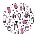 Beauty products concept theme. Cosmetics round print. Circle with lipstick, mascara, perfume, eyeshadows. Makeup and
