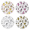 Beauty products concept theme. Cosmetics round print set. Circle with lipstick, mascara, perfume, eyeshadows. Makeup and