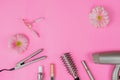Beauty products flat lay on pink background Royalty Free Stock Photo