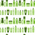 Beauty products green cosmetic bottles and tubes on white seamless pattern, vector