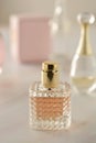 Beauty products. Perfume or parfume bottle on marble background. Copy space.