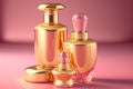 Beauty products, pink and gold cosmetic containers on pink background, beautiful female perfumes, cosmetics. AI generated image