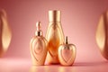 Beauty products, pink and gold cosmetic containers on pink background, beautiful female perfumes, cosmetics. AI generated image