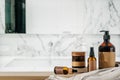 Beauty products on the shelf in modern bathroom Royalty Free Stock Photo