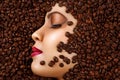 Beauty profile face with makeup in coffee beans Royalty Free Stock Photo
