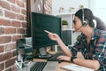 Beauty programmer woman wearing headset microphone Royalty Free Stock Photo