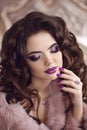 Beauty Purple makeup. Beautiful Brunette Girl portrait. Violet m