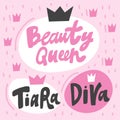 Beauty queen, tiara, diva. Vector hand drawn pink girly collection set. Crowns on background.