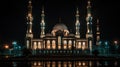 The Beauty of Ramadan Nights. A Mosque Illuminated in the Nighttime