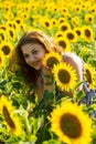 Beauty redhead female in sunflower field Royalty Free Stock Photo