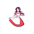 Beauty retro pinup cartoon girl holding a delicious tasty cake, for your logo, label, emblem