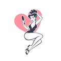 and beauty retro pinup girl holding a mirror on pink heart shape background for your logo or label design Royalty Free Stock Photo