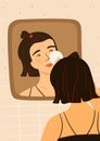 Beauty routine. Woman applying cosmetic lotion with sponge. Girl looking at mirror. Everyday skin care hygiene procedure