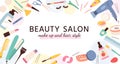 Beauty salon banner. Poster for hairdresser, makeup artist and nail salons with cosmetics and skin care products