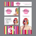 beauty salon card with woman wearing colorful wig