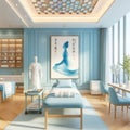 Beauty salon with Chinese decor them, in subtle blue tones