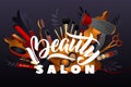 Beauty Salon. Colorful Makeup and Hair Style decorative illustration with haircut accessories and Make-up equipment with big white